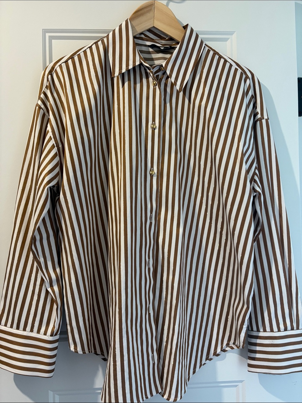 Zara Brown and White Striped Button-Up Shirt